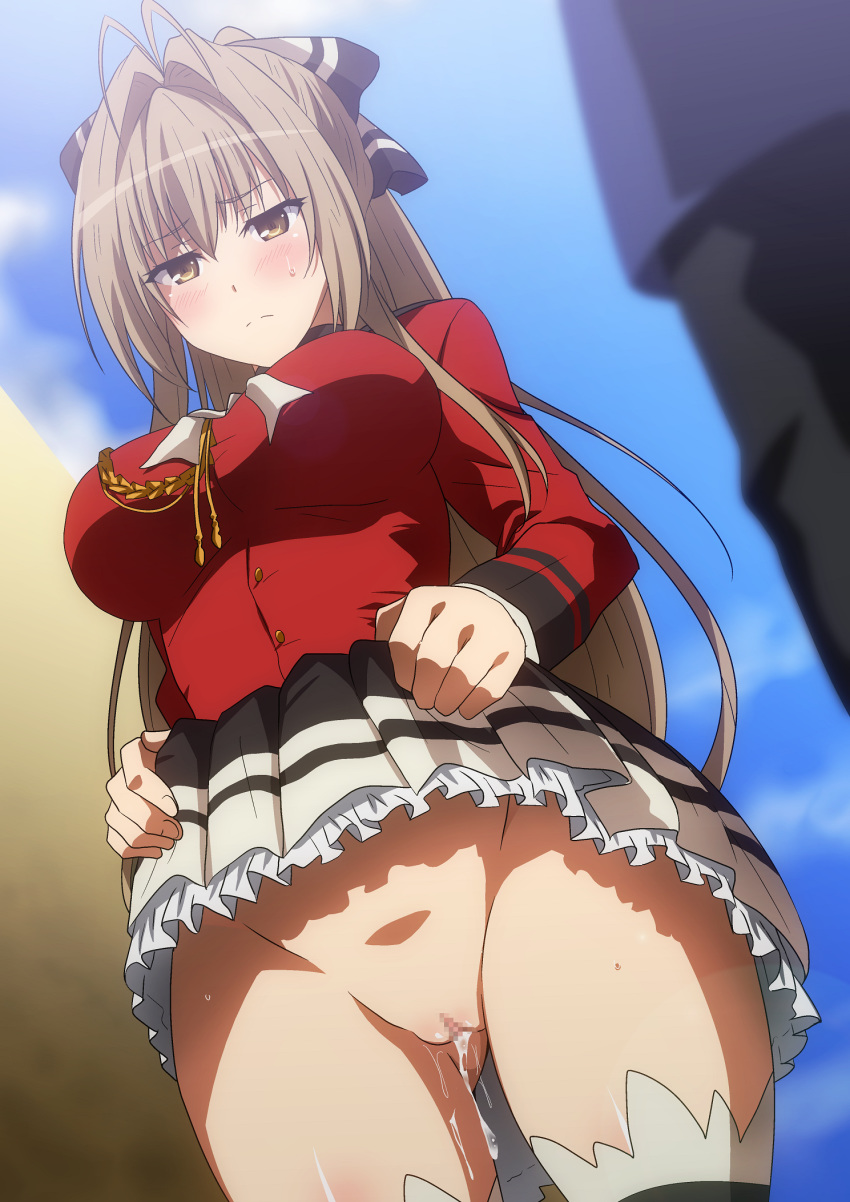 1girl aftersex aiguillette amagi_brilliant_park antenna_hair bow breasts brown_eyes brown_hair closed_mouth cum cumdrip frills hair_between_eyes hair_bow hair_intakes hera_(hara0742) highres jacket large_breasts long_hair military_jacket no_panties ponytail pussy pussy_juice red_jacket sento_isuzu sidelocks skirt skirt_lift solo_focus sweat thighs white_legwear