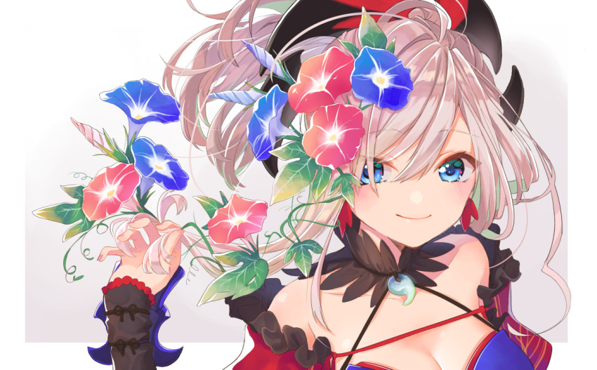 1girl asymmetrical_hair bare_shoulders blue_eyes blue_kimono blush breasts cleavage collarbone detached_sleeves earrings eyebrows_visible_through_hair fate/grand_order fate_(series) flower flower_ornament gradient gradient_background hair_flower hair_ornament japanese_clothes jewelry kimitoshiin kimono large_breasts light_smile looking_at_viewer magatama miyamoto_musashi_(fate/grand_order) pink_hair ponytail solo