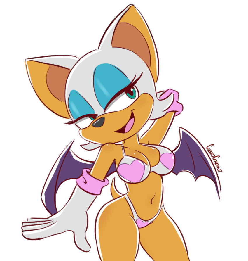 &lt;3 big_breasts bra breasts chiropteran clothing cubedcoconut english_text female gloves lingerie mammal open_mouth panties rouge_the_bat signature simple_background solo sonic_(series) text underwear wings