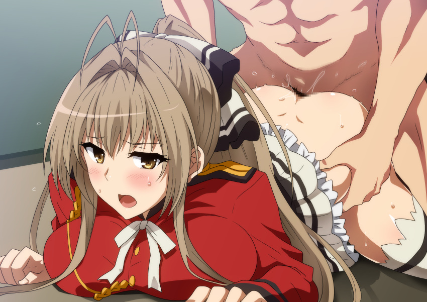 1boy 1girl aiguillette all_fours amagi_brilliant_park antenna_hair ass black_skirt bow breast_press breasts brown_eyes brown_hair censored clothed_sex doggystyle frills hair_between_eyes hair_bow hair_intakes hera_(hara0742) hetero highres jacket large_breasts long_hair military_jacket mosaic_censoring open_mouth ponytail pussy_juice red_jacket sento_isuzu sex sidelocks skirt solo_focus sweat white_legwear