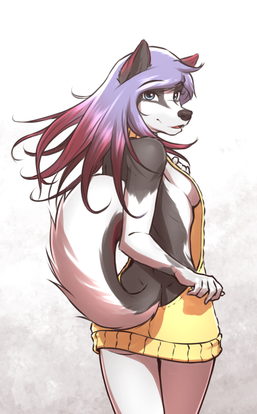 2019 5_fingers anthro black_nose blue_eyes breasts canid canine canis clothed clothing digital_media_(artwork) domestic_dog female fur hair hi_res husky mammal mykegreywolf nordic_sled_dog purple_hair side_boob smile solo spitz standing sweater topwear virgin_killer_sweater white_fur