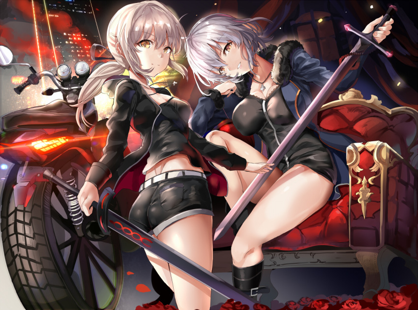 2girls ahoge artoria_pendragon_(all) bangs belt black_dress black_ribbon black_shorts blonde_hair braid breasts cityscape commentary_request couch dark_persona dress eyebrows_visible_through_hair fate/grand_order fate_(series) french_braid gothic_lolita ground_vehicle hair_bun himuro_(dobu_no_hotori) holding holding_sword holding_weapon jeanne_d'arc_(alter)_(fate) jeanne_d'arc_(fate)_(all) large_breasts lolita_fashion motor_vehicle motorcycle multiple_girls night night_sky ribbon saber saber_alter short_hair shorts silver_hair sky sword tsurime weapon white_belt wicked_dragon_witch_ver._shinjuku_1999 yellow_eyes