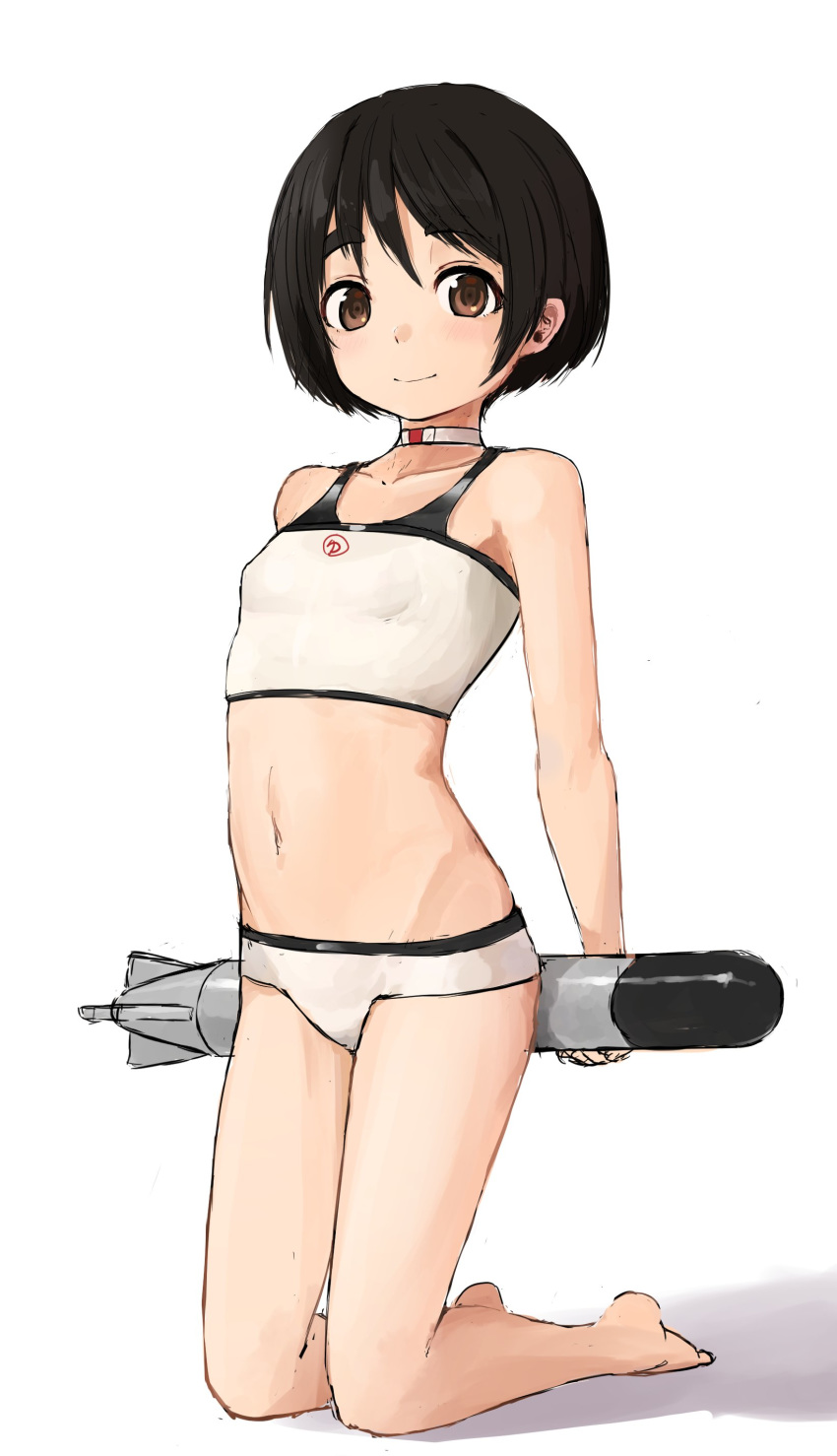 1girl absurdres bangs bare_arms bare_legs bare_shoulders barefoot bikini black_hair blush breasts brown_eyes choker closed_mouth collarbone eyebrows_visible_through_hair full_body highres holding kantai_collection kibitarou kneeling looking_back maru-yu_(kantai_collection) navel short_hair small_breasts smile solo stomach swimsuit tareme thick_eyebrows torpedo white_bikini white_choker