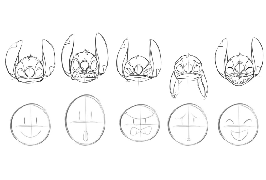 2018 alien angry black_and_white disembodied_head disney ears_down experiment_(species) eyebrows eyes_closed harara head_tuft hi_res lilo_and_stitch looking_at_viewer model_sheet monochrome notched_ear open_mouth open_smile pivoted_ears raised_inner_eyebrows sad shocked simple_background smile stitch tuft white_background