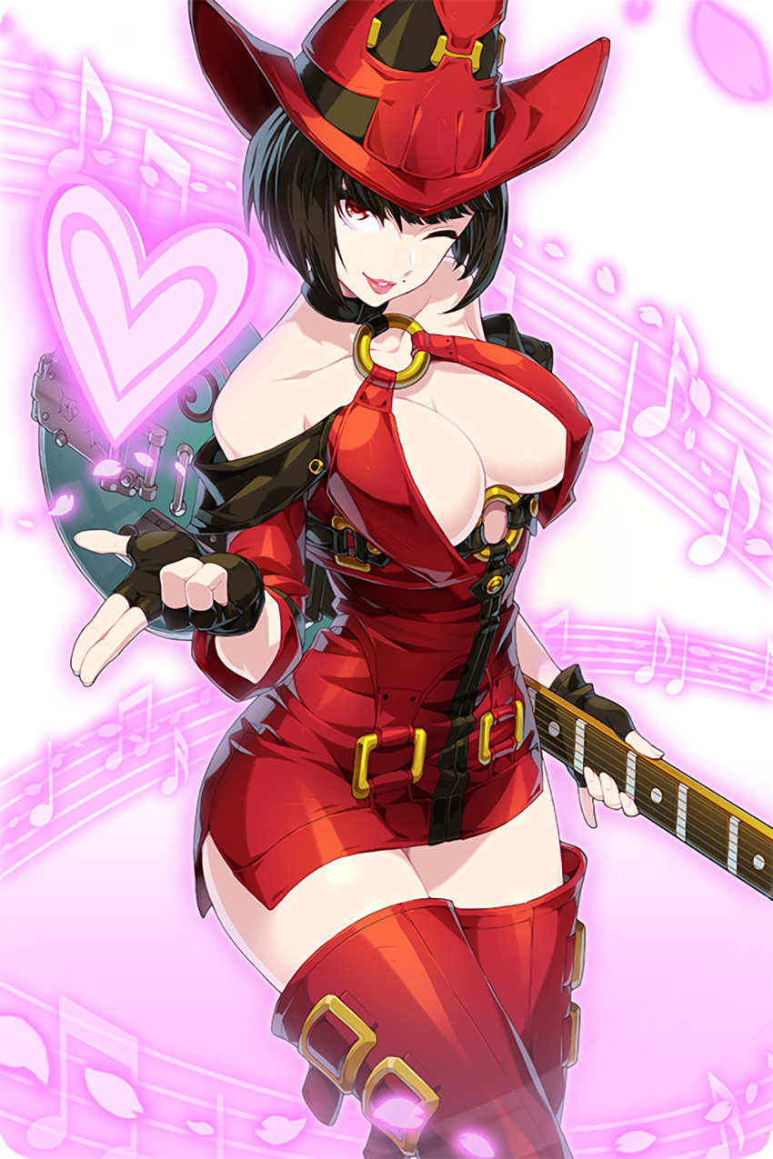 1girl bare_shoulders beamed_eighth_notes black_gloves black_hair boots breasts cleavage comiccho eighth_note fingerless_gloves gloves guilty_gear guitar hat heart highres i-no instrument large_breasts lipstick looking_at_viewer makeup mole mole_above_mouth musical_note o-ring one_eye_closed quarter_note red_eyes red_footwear red_headwear short_hair soccer_spirits solo standing thigh_boots thighhighs witch_hat