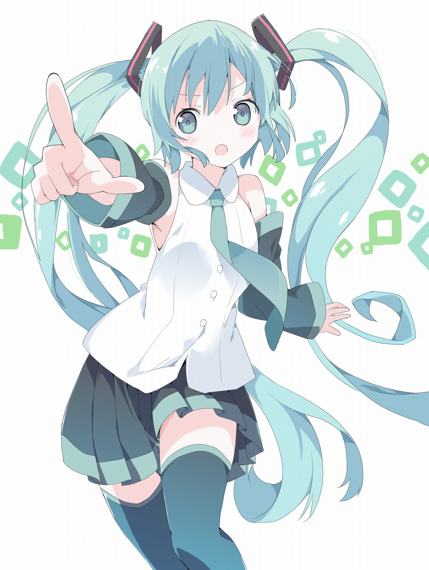 1girl :o bangs bare_shoulders black_skirt black_sleeves blush collared_shirt commentary_request detached_sleeves eyebrows_visible_through_hair green_eyes green_hair green_legwear green_neckwear hair_between_eyes hair_ornament hatsune_miku highres long_hair long_sleeves looking_at_viewer necktie open_mouth outstretched_arm pleated_skirt pointing pointing_at_viewer shirt skirt sleeveless sleeveless_shirt solo tantan_men_(dragon) thighhighs twintails very_long_hair vocaloid white_background white_shirt