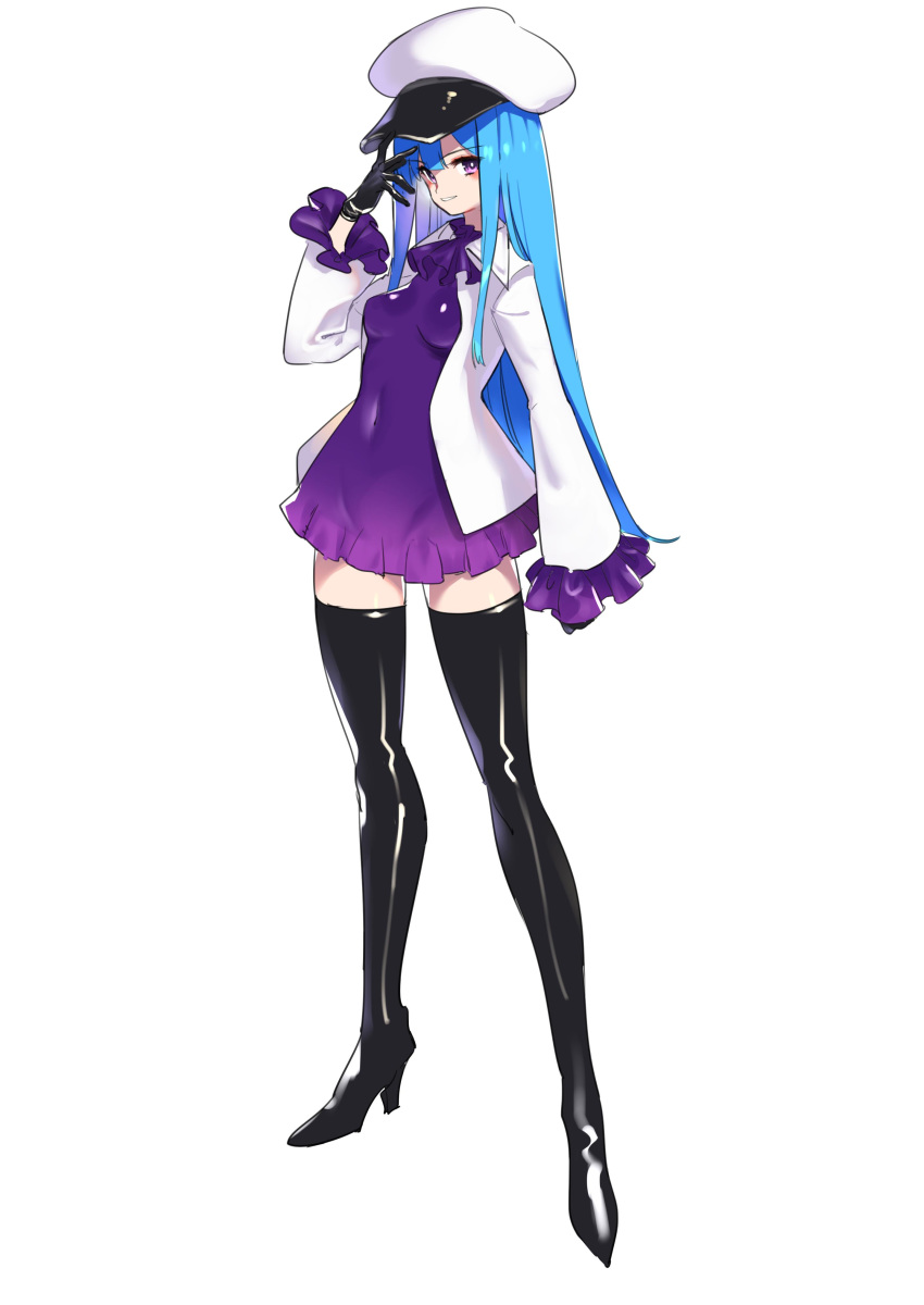 1girl 4410_(kanimiso) absurdres aqua_hair bangs black_footwear black_gloves blush boots breasts covered_navel detached_sleeves dress eyebrows_visible_through_hair full_body gloves hand_up hat high_heel_boots high_heels highleg highres jacket long_hair looking_at_viewer medium_breasts muse_dash open_clothes open_jacket parted_lips purple_dress purple_eyes shiny shiny_hair short_dress simple_background smile solo standing thigh_boots thighhighs white_background white_jacket zettai_ryouiki