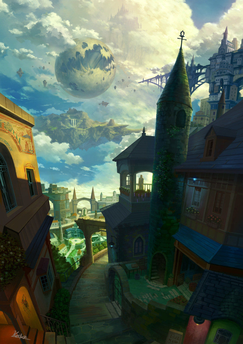 1other balcony blue_sky building castle city cloud cloudy_sky commentary_request day facing_away fantasy floating_island flower gate highres house kaitan lamp moon original outdoors plant potted_plant scenery sett signature sky solo sunlight window