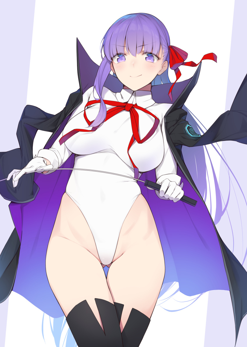 1girl bangs bb_(fate)_(all) bb_(fate/extra_ccc) black_coat black_footwear blush boots breasts closed_mouth coat covered_navel enosan fate/extra fate/extra_ccc fate_(series) gloves hair_between_eyes hair_ribbon highleg highleg_leotard highres large_breasts leotard long_hair long_sleeves looking_at_viewer neck_ribbon open_clothes open_coat popped_collar purple_eyes purple_hair red_ribbon ribbon simple_background smile solo thigh_boots thighhighs thighs wand white_background white_gloves white_leotard