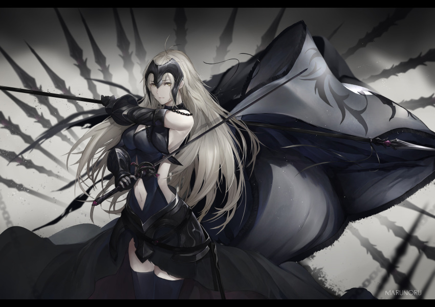 1girl ahoge armor armored_dress artist_name bangs black_dress black_legwear breasts brown_eyes chains cleavage closed_mouth commentary_request dress eyebrows_visible_through_hair fate/grand_order fate_(series) flag gauntlets grey_hair hair_between_eyes headpiece highres holding holding_flag holding_sword holding_weapon jeanne_d'arc_(alter)_(fate) jeanne_d'arc_(fate)_(all) letterboxed long_hair looking_at_viewer marumoru medium_breasts navel navel_cutout sleeveless sleeveless_dress solo sword thighhighs very_long_hair weapon