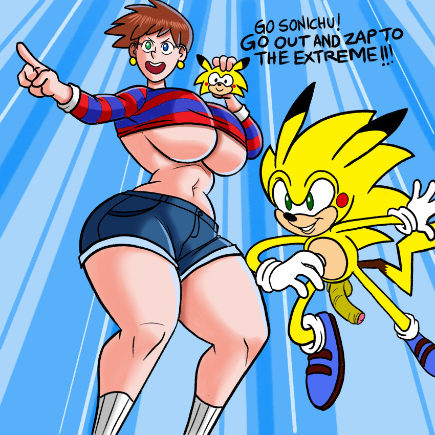 1:1 absurd_res belly blue_eyes bottomwear breasts brown_hair chris_chan clothing crossgender ear_piercing ear_ring fan_character female green_eyes hair heterochromia hi_res human jewelry male mammal open_mouth penis piercing shirt short_hair shorts smile sonic_(series) sonichu_(character) sonichu_(series) sonichu_(species) stomach text topwear wappah