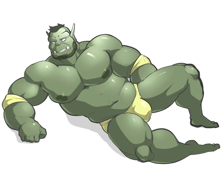 beard briefs bulge clothed clothing facial_hair hi_res humanoid maldu male nipples not_furry orc simple_background slightly_chubby solo topless underwear white_background