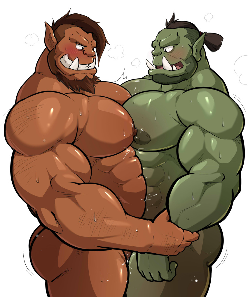 5:6 abs absurd_res beard blush duo facial_hair grinding hi_res humanoid maldu male male/male muscular muscular_male nipples not_furry nude orc pecs simple_background sweat white_background