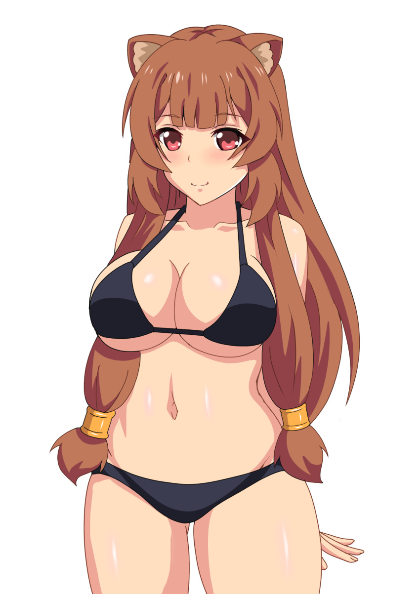 1girl :3 animal_ears arms_behind_back bangs bare_shoulders bikini black_bikini blunt_bangs blush breasts brown_hair cleavage closed_mouth collarbone commentary_request cowboy_shot eyebrows_visible_through_hair gluteal_fold highres large_breasts long_hair looking_at_viewer mizutani_rin navel raccoon_ears raccoon_girl raphtalia red_eyes sidelocks smile solo stomach swimsuit tate_no_yuusha_no_nariagari very_long_hair