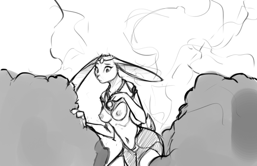 17:11 anthro breasts changeling_tale clothing crown effie_(changeling_tale) female lagomorph leporid mammal monochrome nipples nude plant rabbit shrub simple_background solo watsup white_background