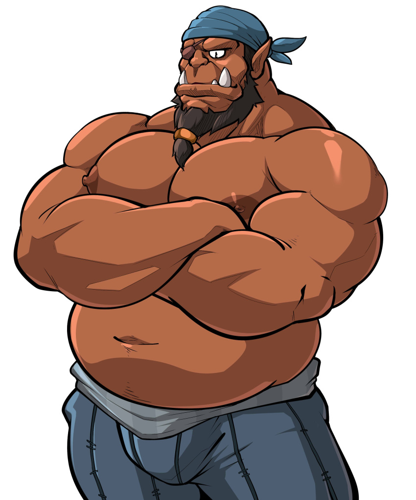 5:6 absurd_res bandanna beard bulge clothed clothing facial_hair hi_res humanoid maldu male navel nipples not_furry orc overweight pants simple_background solo topless white_background