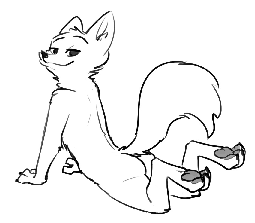 2019 anthro arm_support butt canid canine cheek_tuft claws crossgender disney fox fuel_(artist) greyscale half-closed_eyes head_tuft hi_res legs_up looking_at_viewer male mammal monochrome neck_tuft nude pawpads shoulder_tuft simple_background skye_(zootopia) solo toe_claws tuft white_background zootopia