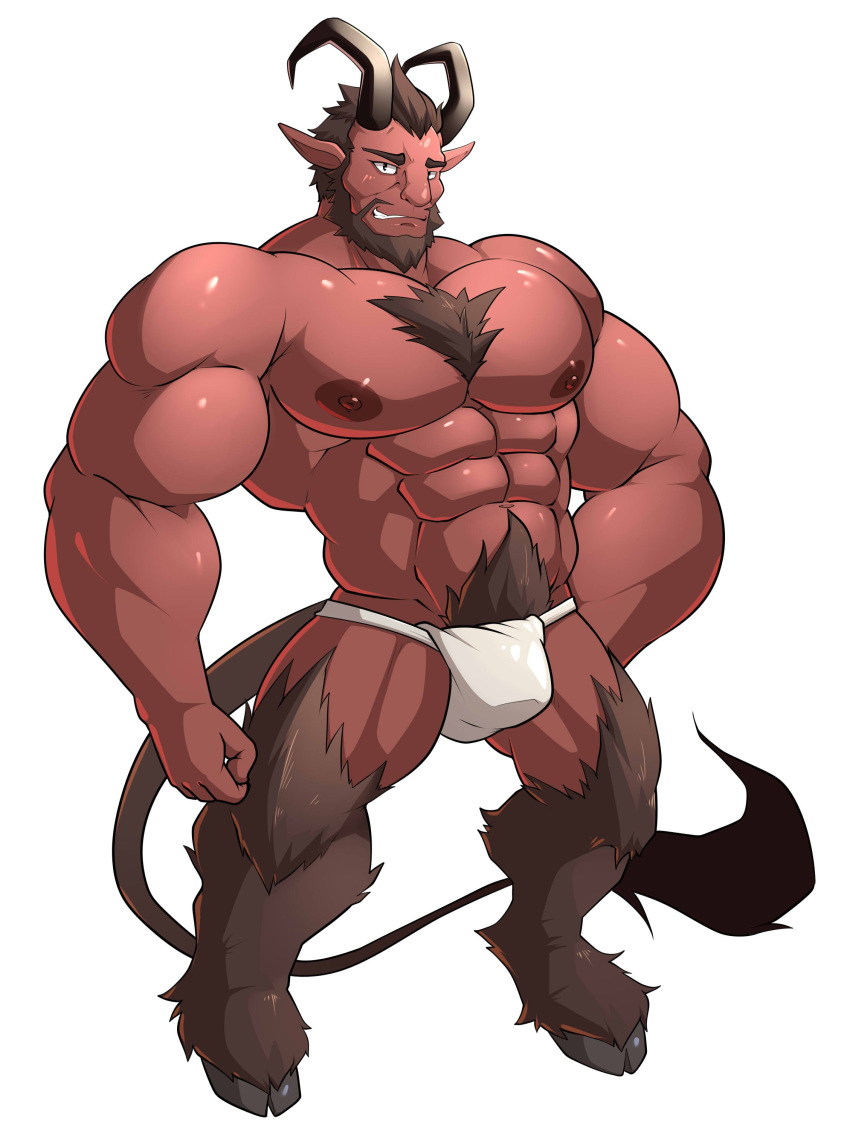 abs absurd_res beard body_hair bovid caprine caprine_demon chest_hair clothed clothing demon facial_hair full-length_portrait fundoshi goat_demon hi_res hooves japanese_clothing maldu male mammal muscular muscular_male navel nipples pecs portrait pubes simple_background solo topless underwear white_background