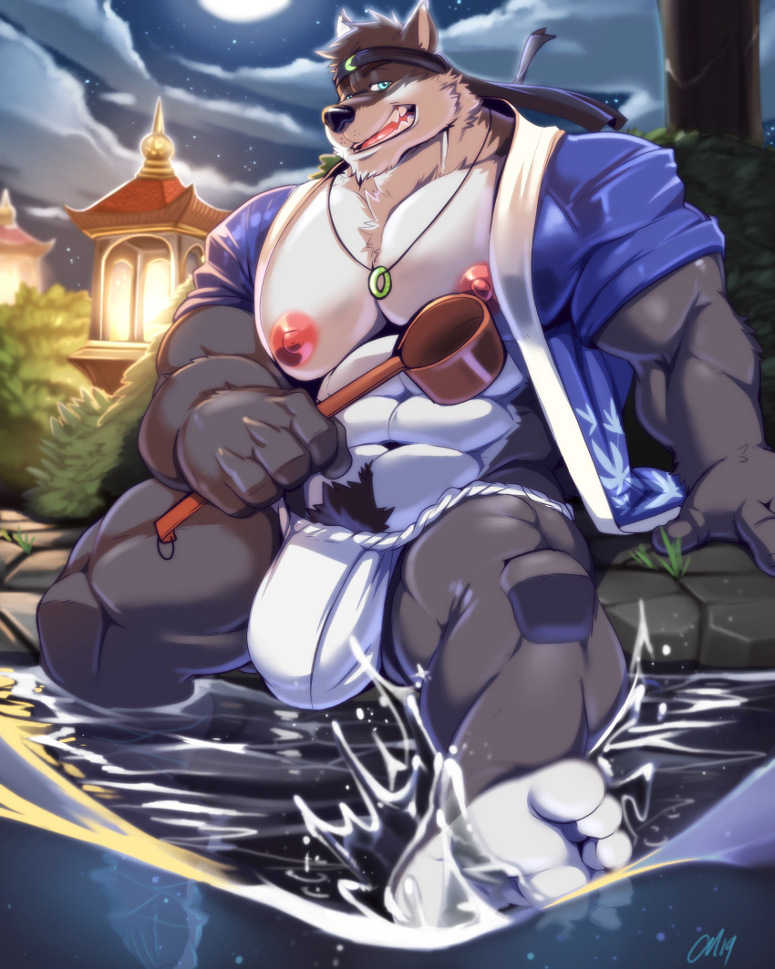 2019 5_toes abs absurd_res anthro big_bulge blue_eyes body_hair bulge canid canine canis clothing countershade_face countershade_torso countershading cursedmarked feet fundoshi fur grey_fur happy_trail headband hi_res japanese_clothing jewelry male mammal moon muscular muscular_male necklace night nipples open_mouth open_smile pecs pond sharp_teeth smile solo teeth toes underwear white_countershading wolf yukata