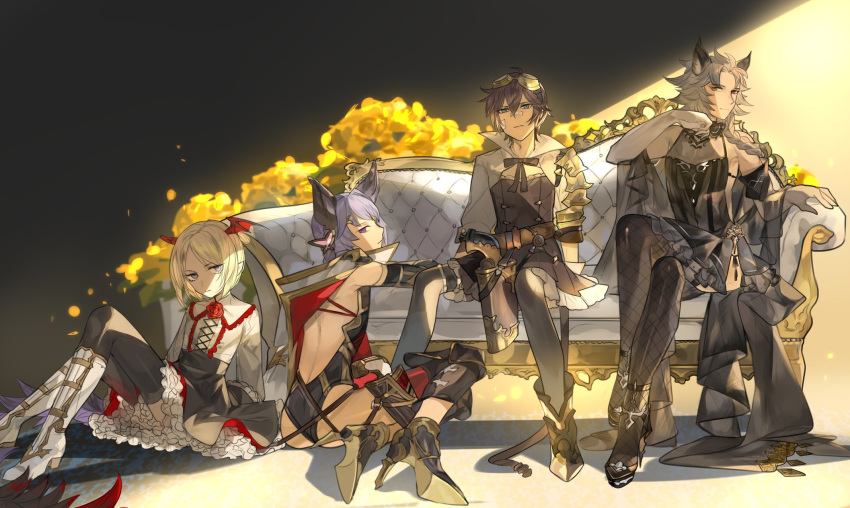 4boys animal_ears ayer backless_outfit bandaid bandaid_on_face black_hair blonde_hair braid cosplay couch crossdressing dress erune esser esser_(cosplay) flower goggles goggles_on_head granblue_fantasy grey_hair gun head_wings heles heles_(cosplay) high_heels highres holster jessica_(granblue_fantasy) jessica_(granblue_fantasy)_(cosplay) male_focus multiple_boys picube525528 purple_hair quatre_(granblue_fantasy) rose seruel skirt thighhighs vampy vampy_(cosplay) veight weapon