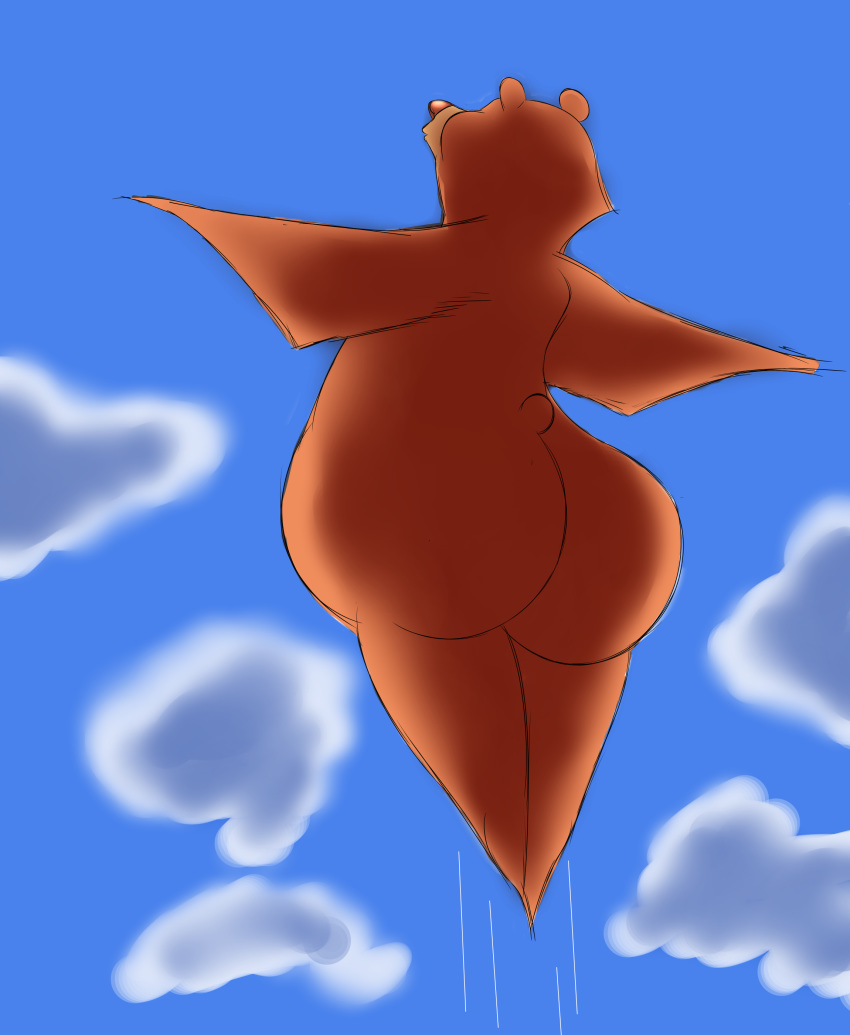 23:28 absurd_res anthro anthrofied belly big_butt brown_fur butt cloud crazykat female fur hi_res jumping mammal navel open_season overweight overweight_female sky solo thick_thighs ursa_(open_season) ursid