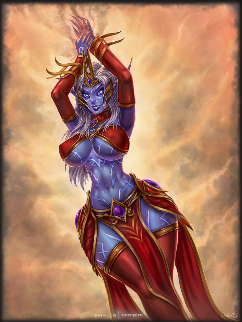 2019 absurd_res big_breasts blizzard_entertainment breasts clothed clothing curvaceous digital_media_(artwork) elf female fire hair hi_res humanoid legwear looking_at_viewer magic nightborne nipples not_furry open_mouth pointy_ears purple_skin simple_background skimpy smile solo stockings tattoo thick_thighs thigh_highs vempire video_games warcraft white_eyes white_hair wide_hips