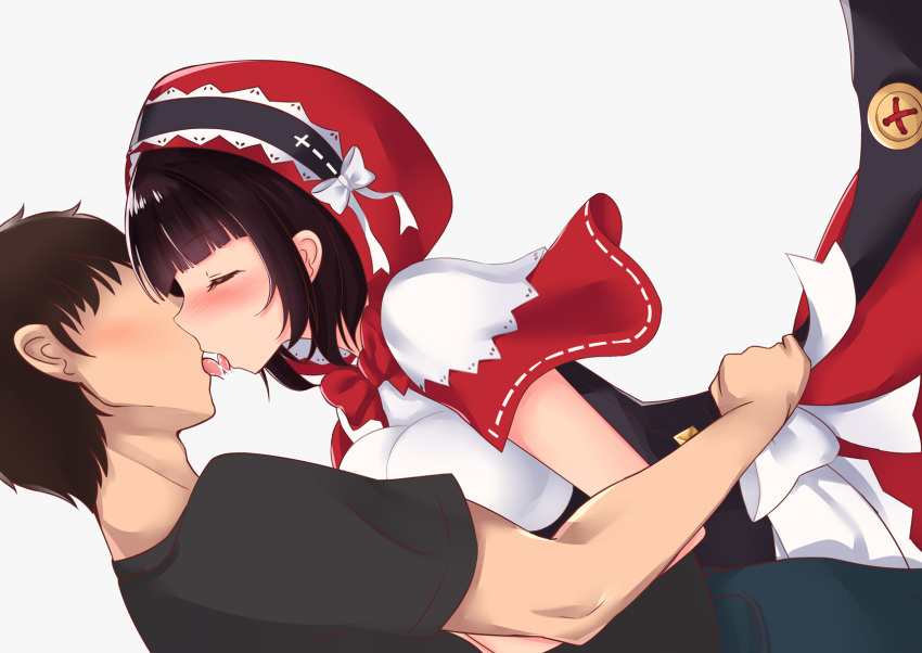 1boy 1girl black_hair black_shirt blue_pants blush bow dress eyes_closed french_kiss from_side hetero highres hood karuba_(therace) kiss otogi_frontier pants profile red_bow red_dress shirt short_hair simple_background tongue vermelho_(otogi_frontier) white_background white_bow