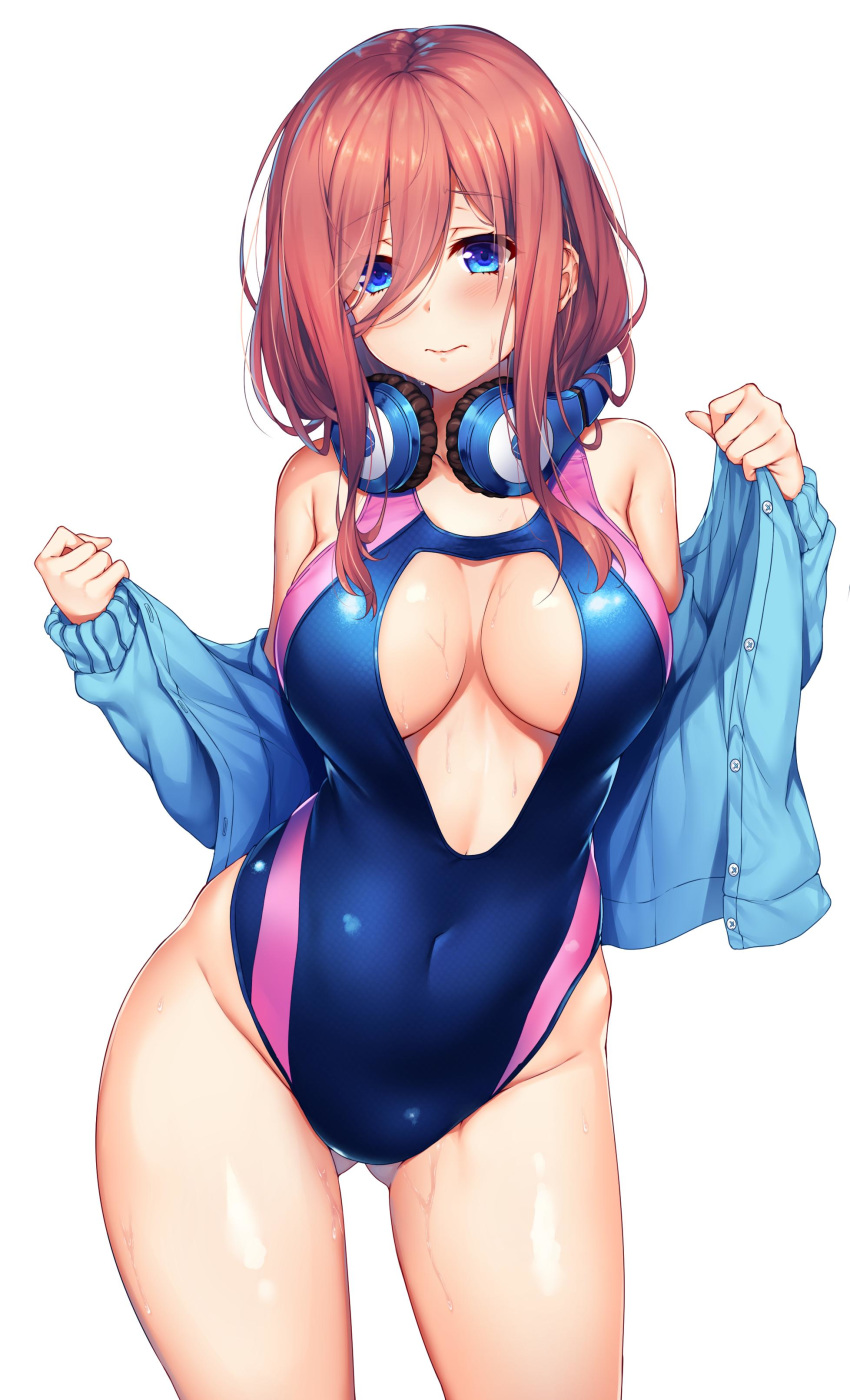 1girl absurdres bangs bare_shoulders blue_cardigan blue_eyes blue_swimsuit blush breasts brown_hair cardigan cleavage_cutout closed_mouth collarbone competition_swimsuit cowboy_shot eyebrows_visible_through_hair frown gluteal_fold go-toubun_no_hanayome hair_between_eyes headphones headphones_around_neck highres large_breasts long_hair long_sleeves looking_at_viewer nakano_miku one-piece_swimsuit open_cardigan open_clothes raiou simple_background smile solo swimsuit undressing wet white_background