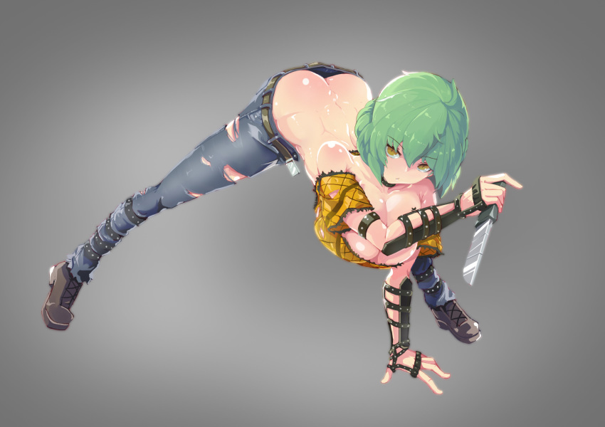 1girl arm_support ass back bangs bare_shoulders belt breast_tattoo breasts butt_crack choker cleavage collarbone crop_top dimples_of_venus downpants eyebrows_visible_through_hair full_body ghgnvm green_hair hair_between_eyes hand_up highres hikage_(senran_kagura) holding holding_knife holding_weapon knife korean_commentary large_breasts leaning_forward looking_at_viewer midriff no_bra open_clothes open_fly open_pants outstretched_arm outstretched_legs pants senran_kagura shiny shiny_hair shiny_skin shoes short_hair short_sleeves slit_pupils solo spread_legs tattoo tiptoes torn_clothes torn_pants undone_belt weapon yellow_eyes