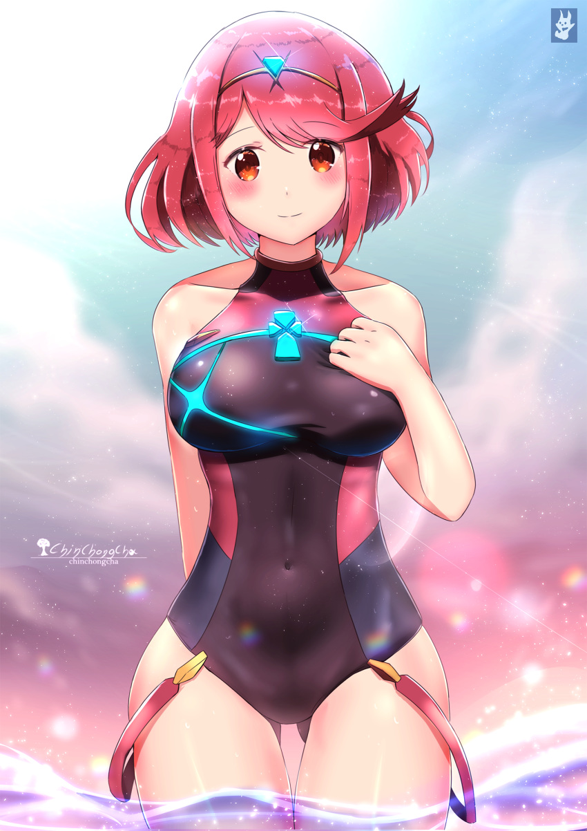 1girl artist_name bangs blush breasts chinchongcha closed_mouth cloud competition_swimsuit covered_navel eyebrows_visible_through_hair gem hair_ornament hand_on_breast headpiece highres homura_(xenoblade_2) jewelry large_breasts looking_at_viewer nintendo one-piece_swimsuit pose red_eyes red_hair short_hair sky smile swept_bangs swimsuit tiara water xenoblade_(series) xenoblade_2
