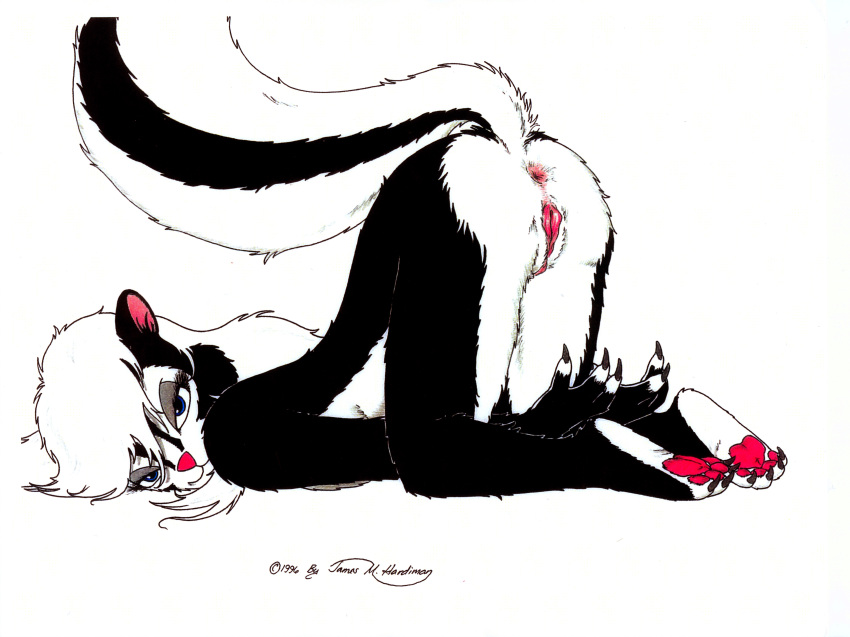 1996 absurd_res anthro anus ass_up black_fur blue_eyes breasts butt claws female fur hair hi_res james_m_hardiman looking_at_viewer mammal mephitid natasha_(jmh) nude pink_nose presenting presenting_hindquarters pussy raised_tail skunk solo white_fur white_hair