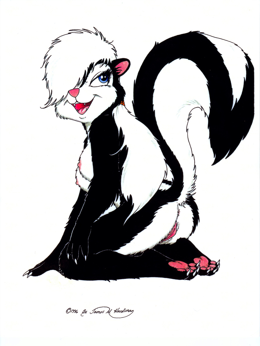 1996 absurd_res anthro anus black_fur blue_eyes breasts butt claws female fur hair hair_tie hi_res hindpaw james_m_hardiman mammal mephitid nicole_(jmh) nipples nude open_mouth paws pussy raised_tail side_boob sitting skunk solo white_fur white_hair