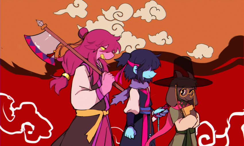 1girl 2boys axe blue_skin chokaso deltarune fang fangs gat_(korean_traditional_hat) hair_bun hair_over_eyes hanbok hat korean_clothes kris_(deltarune) long_hair looking_at_another low-tied_long_hair medium_hair multiple_boys over_shoulder purple_skin ralsei scarf short_ponytail smile standing susie_(deltarune) sword weapon weapon_over_shoulder yellow_eyes