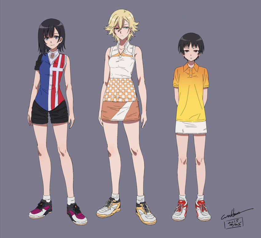 3girls anime_coloring arms_behind_back artist_name asymmetrical_bangs asymmetrical_hair bangs bare_legs black_hair blonde_hair breasts character_request checkered collared_shirt cross-laced_footwear danish_flag dated expressionless flat_chest full_body green_eyes grey_background hair_between_eyes hanebado! high_collar looking_at_viewer mashiko_rui medium_breasts miniskirt multiple_girls orange_shirt purple_footwear red_eyes red_footwear shirt shiwahime_yuika shoes short_hair short_shorts short_sleeves shorts signature silver_eyes simple_background single_sleeve skirt sleeveless smile sneakers standing werkbau yellow_footwear