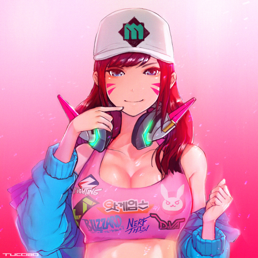 1girl alternate_eye_color animal_print artist_name bangs baseball_cap blizzard_(company) blue_eyes blue_jacket breasts brown_hair bunny_print character_name cleavage clenched_hand clothes_writing collarbone commentary_request crop_top d.va_(overwatch) dojin facepaint facial_mark finger_to_mouth glowing gradient gradient_background hair_down hat headphones headphones_around_neck highres jacket jacket_removed large_breasts light_particles light_smile long_hair long_sleeves looking_at_viewer off_shoulder overwatch pink_background pink_shirt shirt shooting_star_d.va signature solo swept_bangs tank_top upper_body whisker_markings