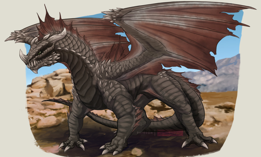 2019 dragon dungeons_and_dragons feral grey_dragon horn monster nakoo painting scales scalie sketch wings