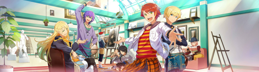 6+boys arm_up back-to-back black_hair blonde_hair blue_eyes bracelet capri_pants couch courbet_(palette_parade) crossed_arms da_vinci_(palette_parade) easel fine_art_parody gogh_(palette_parade) green_eyes highres hokusai_(palette_parade) jewelry long_hair looking_at_viewer looking_back male_focus michelangelo_(palette_parade) mona_lisa multicolored_hair multiple_boys official_art open_mouth outstretched_arms paintbrush palette_parade pants parody pillbox_hat pink_hair plant potted_plant reading red_hair rembrandt_(palette_parade) renoir_(palette_parade) shirt sidelocks sitting sleeves_pushed_up statue streaked_hair striped striped_pants striped_shirt studio