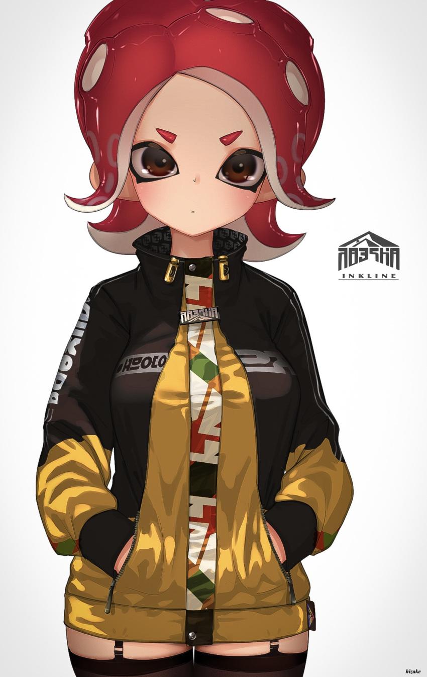 1girl artist_name black_hoodie black_legwear brown_eyes closed_mouth clothes_writing cowboy_shot garter_straps hands_in_pockets high_collar highres inkling_(language) kashu_(hizake) long_sleeves looking_at_viewer octarian octoling pointy_ears red_hair shiny shiny_hair short_eyebrows short_hair sidelocks simple_background solo splatoon splatoon_(series) splatoon_2 splatoon_2:_octo_expansion standing suction_cups tentacle_hair thighhighs unzipped v-shaped_eyebrows white_background yellow_hoodie zipper_pull_tab