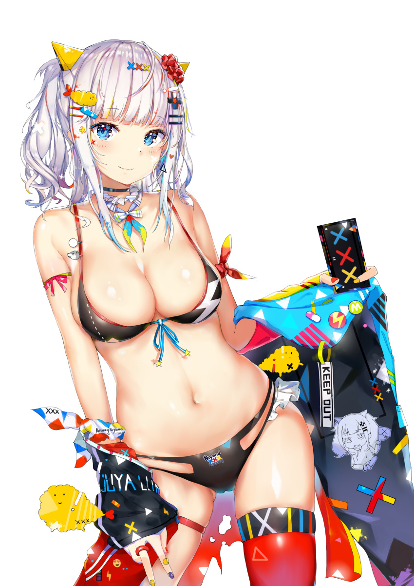 1girl absurdres araragikoyomis bangs bare_shoulders blue_eyes blush breasts choker cleavage closed_mouth collarbone cowboy_shot eyebrows_visible_through_hair gluteal_fold hair_between_eyes hair_ornament hairclip highres jacket jewelry kaguya_luna large_breasts looking_at_viewer nail_polish navel off_shoulder panties purple_nails red_legwear ring shiny shiny_skin sidelocks silver_hair simple_background single_thighhigh skindentation smile solo stomach swimsuit the_moon_studio thigh_strap thighhighs twintails underwear virtual_youtuber white_background yellow_nails