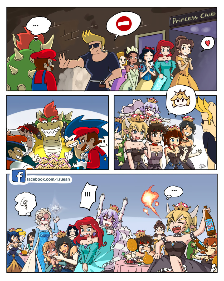 6+boys 6+girls angry anna_(frozen) ariel_(disney) bare_shoulders beauty_and_the_beast belle_(disney) black_dress black_hair blonde_hair blue_dress blue_eyes blue_hair boo bowser bowsette braid breasts brown_eyes brown_hair cinderella_(disney) cleavage closed_mouth collar comic crossover dress earrings elbow_gloves elsa_(frozen) eyes_closed fa_mulan_(disney) facial_hair frozen_(disney) gloves grin happy hat highres horns jewelry johnny_bravo_(character) long_hair mario mario_(series) matching_hair/eyes medium_breasts mulan multiple_boys multiple_girls mustache nintendo open_mouth pointy_ears ponytail princess_king_boo purple_eyes purple_hair rapunzel_(disney) red_hair ryuu_(street_fighter) sharp_teeth short_hair smile snow_white_(disney) snow_white_and_the_seven_dwarfs sonic sonic_the_hedgehog spiked_armlet spiked_collar spiked_shell spikes strapless street_fighter sunglasses super_crown teeth the_little_mermaid the_princess_and_the_frog tiana_(the_princess_and_the_frog) tongue upper_teeth vega white_gloves