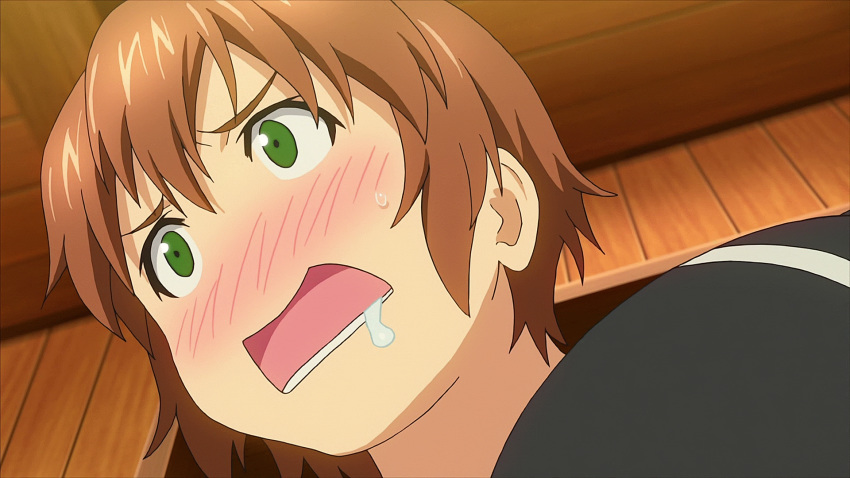 1girl animated animated_gif blush breasts brown_hair drooling erect_nipples erect_nipples_under_clothes genderswap green_eyes highres large_breasts large_nipples maken-ki! maken-ki!_two nipple_erection ooyama_takeko ooyama_takeru open_mouth saliva sweat takami_akio xebec