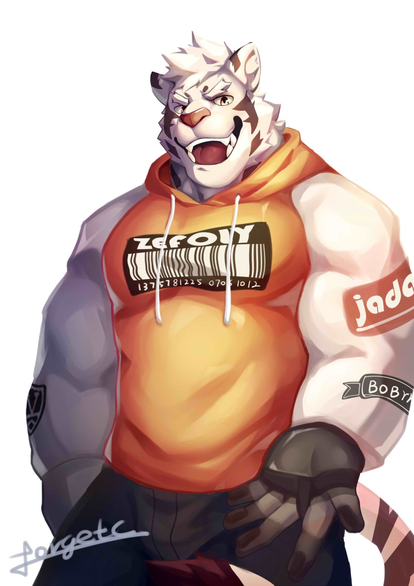 2019 anthro clothed clothing digital_media_(artwork) felid forgetch fur hi_res hoodie male mammal muscular muscular_male pantherine solo tiger