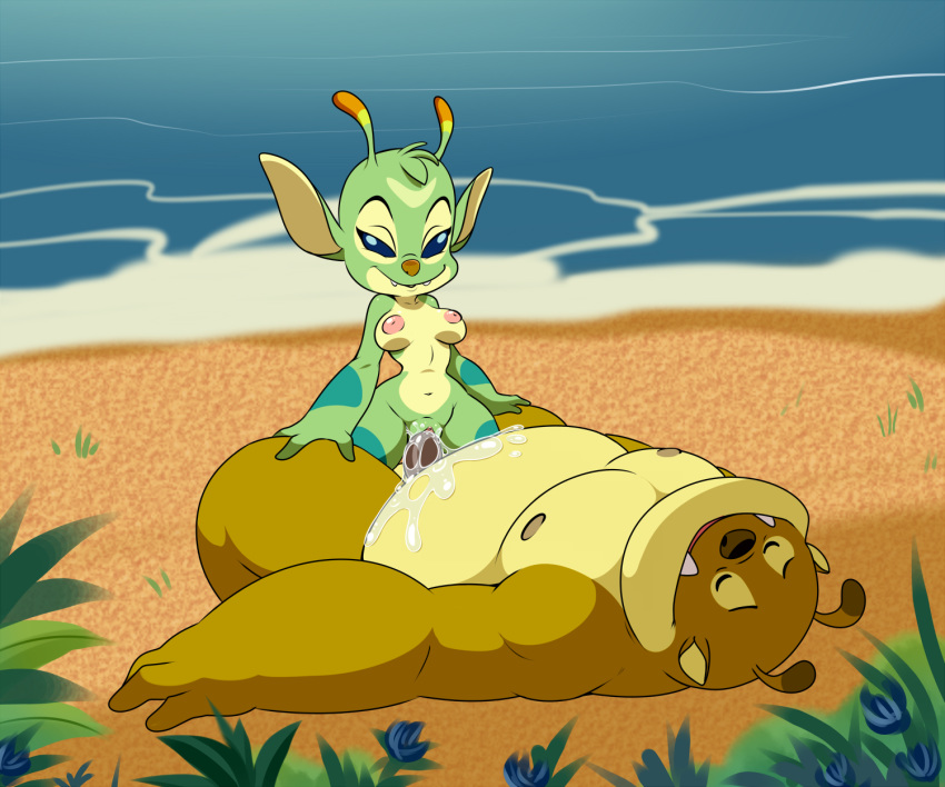 2019 6:5 alien antennae_(anatomy) anthro areola arm_markings beach blue_eyes bonnie_(lilo_and_stitch) breasts brown_nose by-nc clyde_(lilo_and_stitch) creative_commons cum cum_in_pussy cum_inside cum_on_body dipstick_antennae disney duo experiment_(species) eyes_closed facial_markings fangs female forehead_markings fur green_fur half-closed_eyes head_tuft hi_res leg_markings lilo_and_stitch lonbluewolf male male/female markings multicolored_antennae multicolored_fur navel nipples nude open_mouth penetration seaside sex tan_fur teeth tuft two_tone_fur vaginal vaginal_penetration