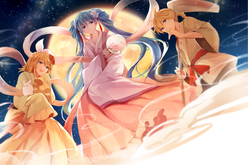 ahoge animal blonde_hair blue_eyes blue_hair chinese_clothes chuushuu_meigetsu_miku cloud dress dutch_angle fan flower full_moon galaxy green_eyes hair_flower hair_ornament hairclip hairpin hanfu happy hatsune_miku highres holding holding_animal japanese_clothes kagamine_len kagamine_rin kimono long_hair long_sleeves looking_at_viewer mid-autumn_festival milky_way moon night outdoors pants peneko ponytail rabbit ribbon scarf short_hair siblings sky sleeves_past_wrists smile star_(sky) traditional_clothes twintails very_long_hair vocaloid