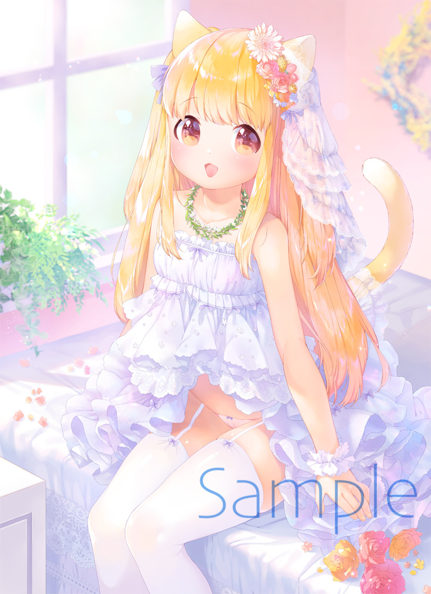 1girl :d animal_ear_fluff animal_ears bare_shoulders bed blonde_hair blurry blurry_background bow bow_panties brown_flower brown_rose cat_ears cat_girl cat_tail collarbone commentary_request depth_of_field dress flower garter_straps hair_flower hair_ornament highres indoors long_hair looking_at_viewer mutou_mato on_bed open_mouth original panties pink_flower pink_panties pink_rose rose sample scrunchie sitting sitting_on_bed smile solo strapless strapless_dress tail thighhighs underwear veil very_long_hair white_dress white_flower white_legwear white_scrunchie window wrist_scrunchie yellow_flower