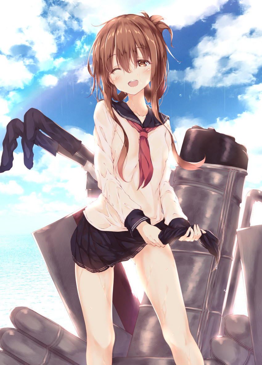 1girl ;d absurdres anchor_symbol bangs black_sailor_collar black_skirt blue_sky blush breasts brown_eyes brown_hair cannon cloud dya eyebrows_visible_through_hair folded_ponytail glint hair_between_eyes highres inazuma_(kantai_collection) kantai_collection long_hair long_sleeves looking_at_viewer neckerchief numpopo ocean one_eye_closed open_mouth outdoors pleated_skirt red_neckwear rigging sailor_collar school_uniform serafuku shirt sidelocks skirt sky small_breasts smile solo torpedo torpedo_tubes turret wet white_shirt wringing_clothes wringing_skirt