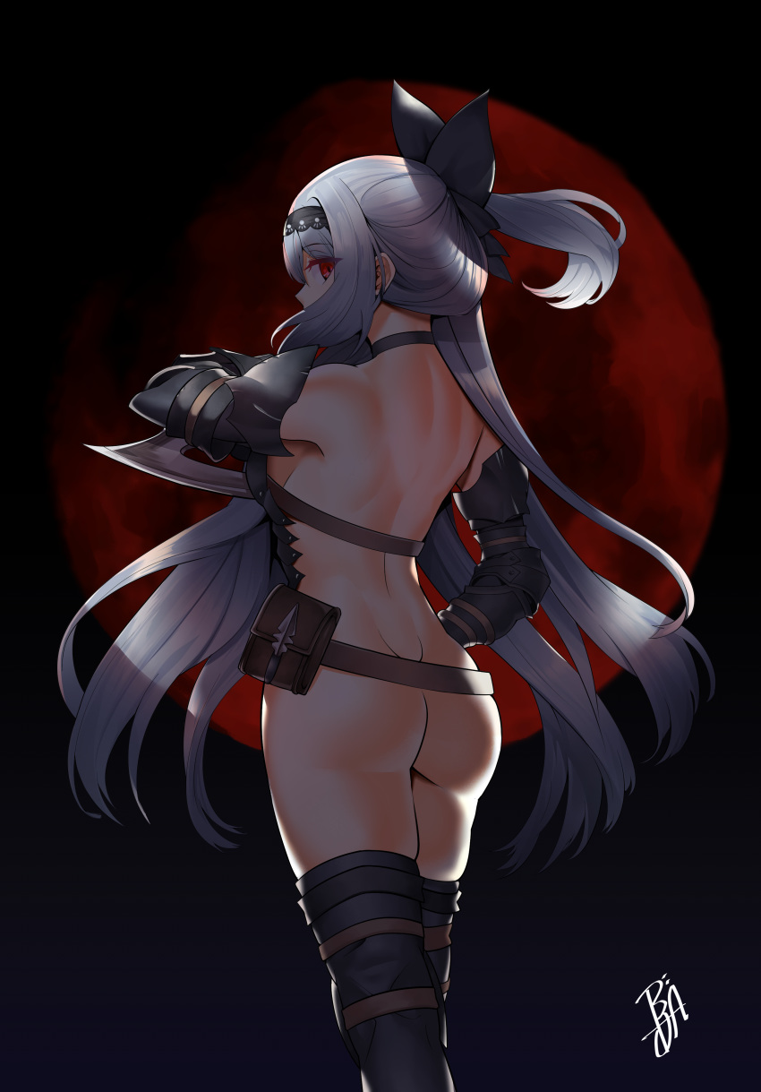 1girl absurdres armor ass bangs bare_shoulders be_garam belt black_bow bow breasts choker covered_mouth eyebrows_visible_through_hair floating_hair from_behind gauntlets girls_frontline gloves gun gunblade hair_between_eyes hair_bow hairband handgun highres holding holding_gun holding_weapon long_hair looking_at_viewer looking_back moon pistol pouch red_eyes red_moon shoulder_blades silver_hair solo thighhighs tokarev_(girls_frontline) tokarev_tt-33 very_long_hair weapon