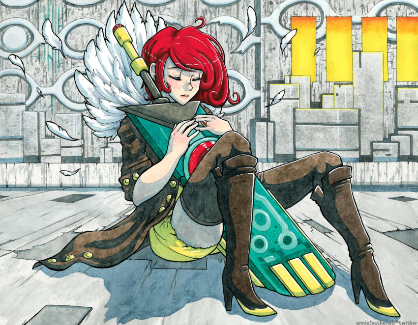 1girl annie_featherweight bangs boots brown_footwear brown_legwear commentary english_commentary eyes_closed feathers full_body high_heel_boots high_heels holding holding_sword holding_weapon jewelry knee_boots long_coat red_(transistor) red_hair ring short_hair short_sleeves shorts sitting solo swept_bangs sword the_transistor thighhighs thighhighs_under_boots traditional_media transistor_(game) watercolor_(medium) weapon