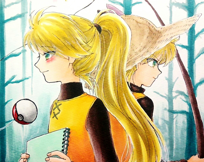 2girls blonde_hair blush creatures_(company) dual_persona fingernails game_freak green_eyes hat holding_notebook long_sleeves minapo multiple_girls nintendo poke_ball poke_ball_(generic) pokemon pokemon_special straw_hat traditional_media tree yellow_(pokemon)