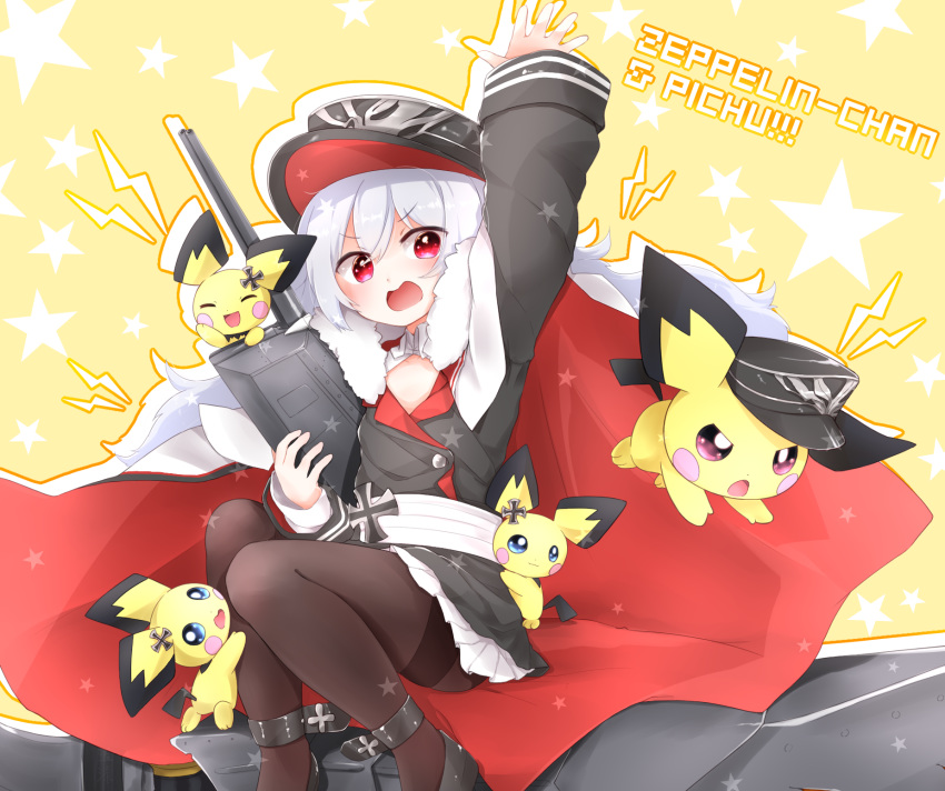 1girl :d :o arm_up azur_lane bangs black_footwear black_headwear black_jacket blue_eyes blush brown_legwear cannon cape commentary_request creatures_(company) crossover eyebrows_visible_through_hair eyes_closed frilled_jacket frills game_freak gen_2_pokemon hair_between_eyes hat highres iron_cross jacket kanda_(kvzs4332) lightning_bolt long_hair long_sleeves multicolored multicolored_cape multicolored_clothes nintendo open_mouth pantyhose peaked_cap pichu pokemon pokemon_(creature) puffy_long_sleeves puffy_sleeves red_cape red_eyes shoes silver_hair sleeves_past_wrists smile star starry_background turret very_long_hair white_cape zeppelin-chan_(azur_lane)